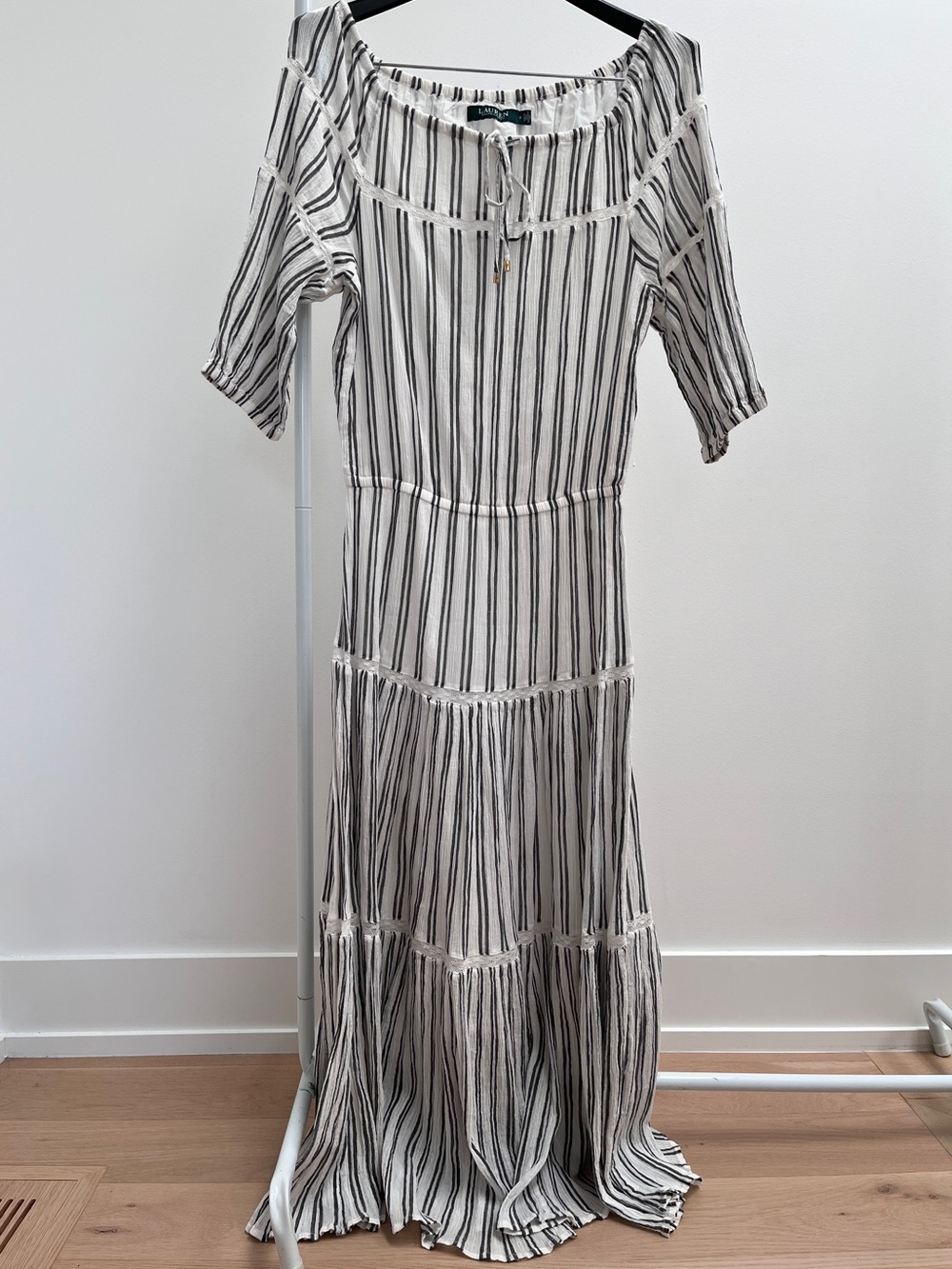 Lauren Ralph Lauren striped tiered dress 2 crinkle cotton crochet boho timeless